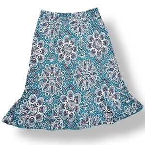 SJS Teal Blue White Pink Floral Skirt Elastic Waist Women's Medium